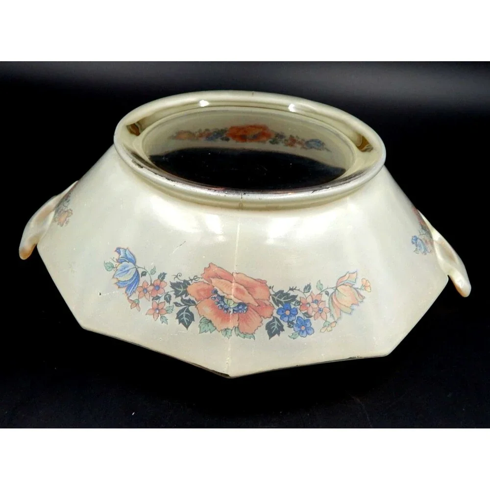Glass Handled Serving Bowl Dish Floral Transfer Depression Glass 9 In Iridescent